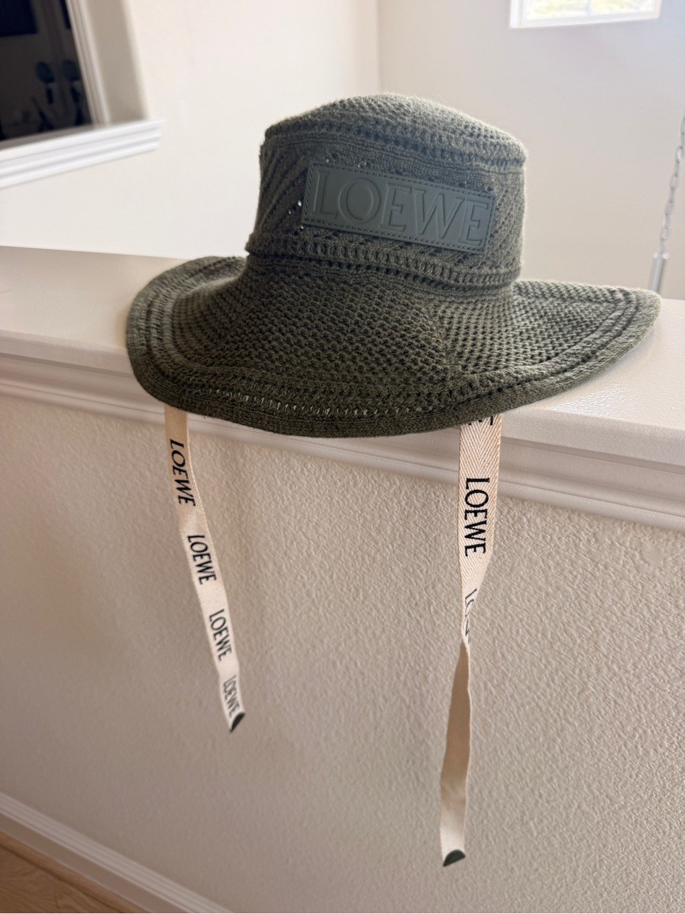 Loewe  Men's Green Knitted Logo Sun Hat with Branded Chin Ties